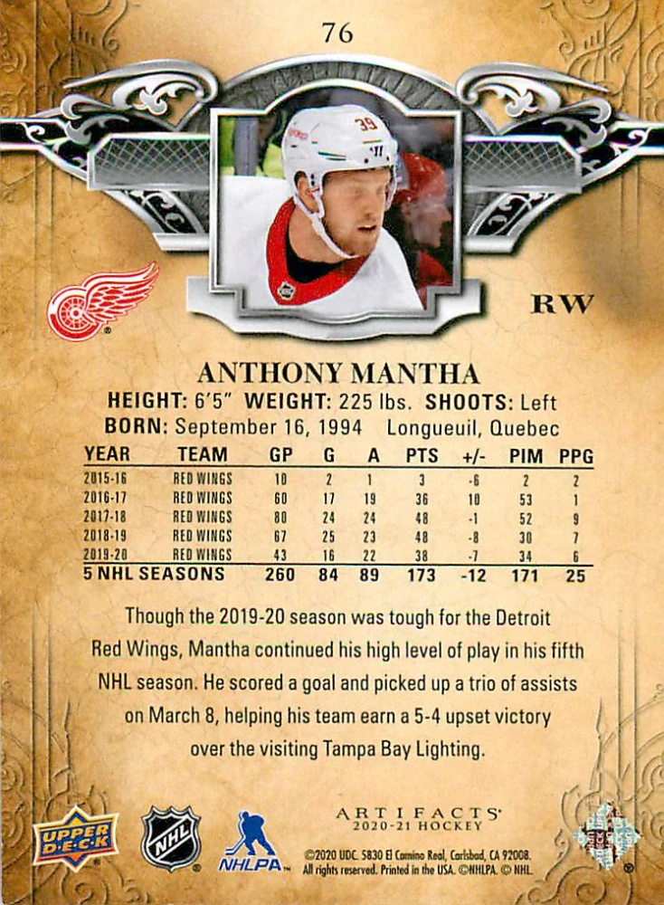 2020-21 UD Artifacts - Anthony Mantha - Copper /299 #76