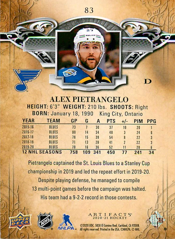 2020-21 UD Artifacts - Alex Pietrangelo - Copper /299 #83
