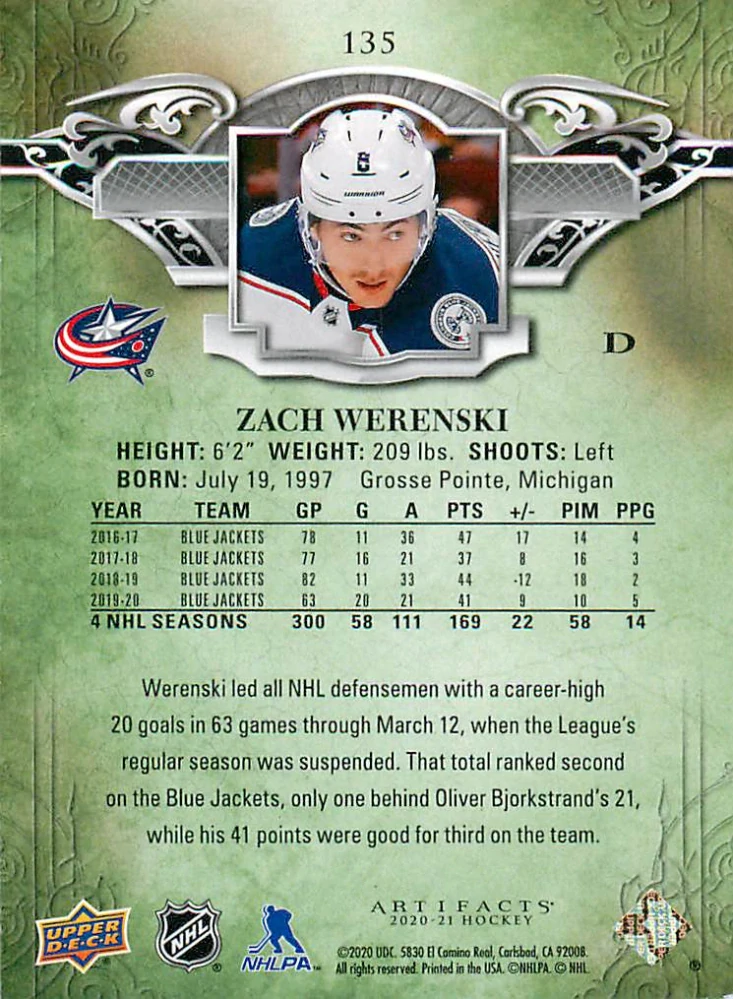 2020-21 UD Artifacts - Zach Werenski /499 #135