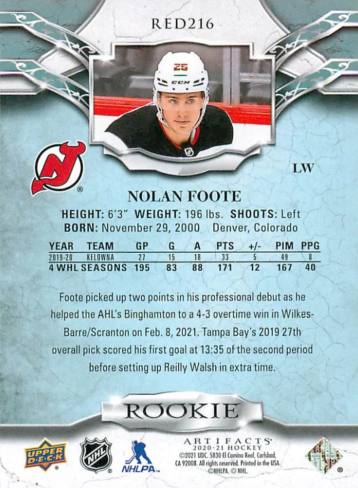 2020-21 UD Artifacts - Nolan Foote - Rookie /999 #RED216