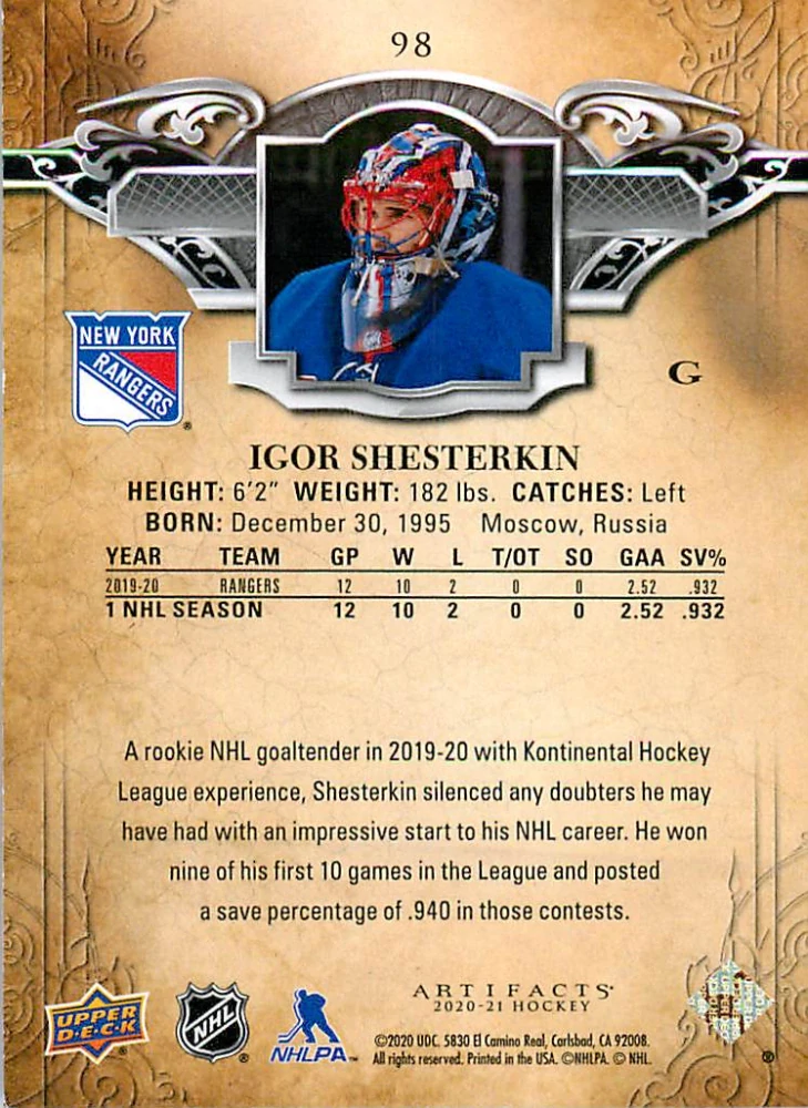 2020-21 UD Artifacts - Igor Shesterkin - Blue Sapphire /499 #98