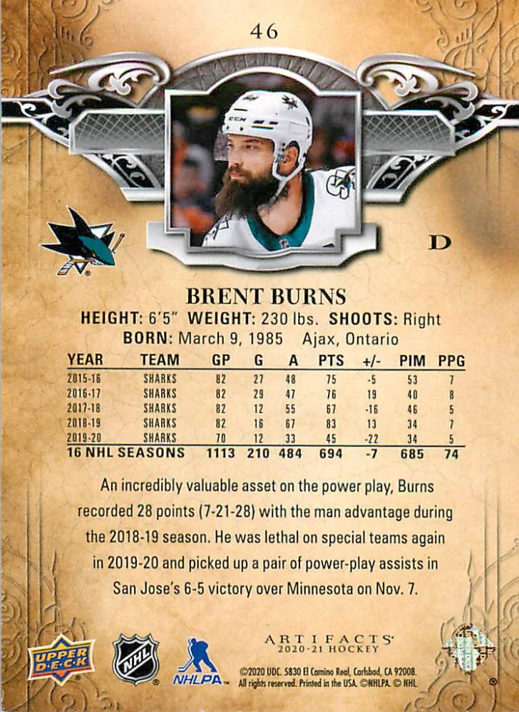2020-21 UD Artifacts - Brent Burns - Blue Sapphire /499 #46