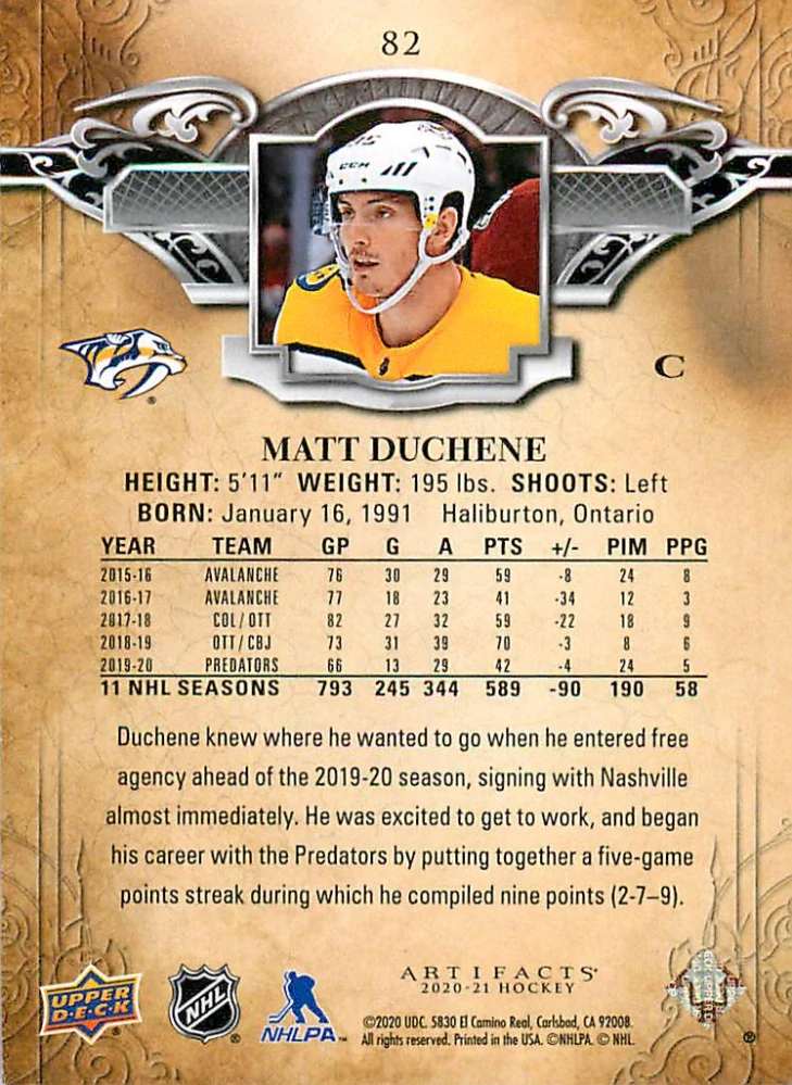 2020-21 UD Artifacts - Matt Duchene - Blue Sapphire /499 #82