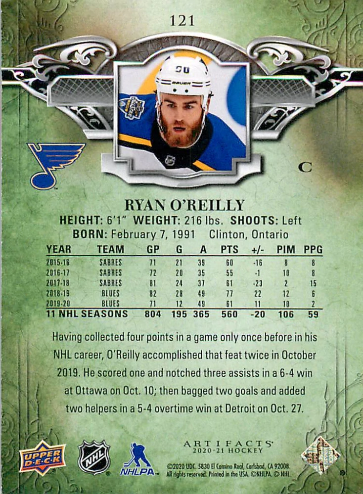 2020-21 UD Artifacts - Ryan O'Reilly - Ruby /399 #121