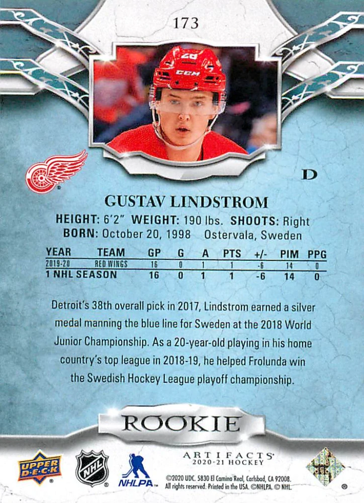 2020-21 UD Artifacts - Gustav Lindstrom - Rookie Ruby /399 #173