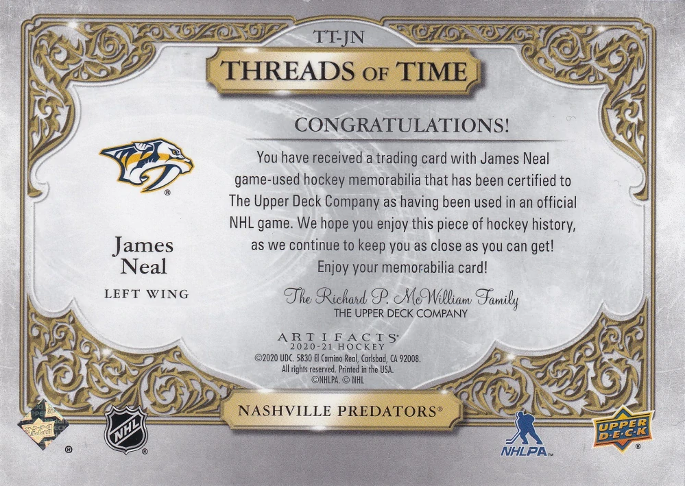 2020-21 UD Artifacts - James Neal - Threads Of Time #TT-JN