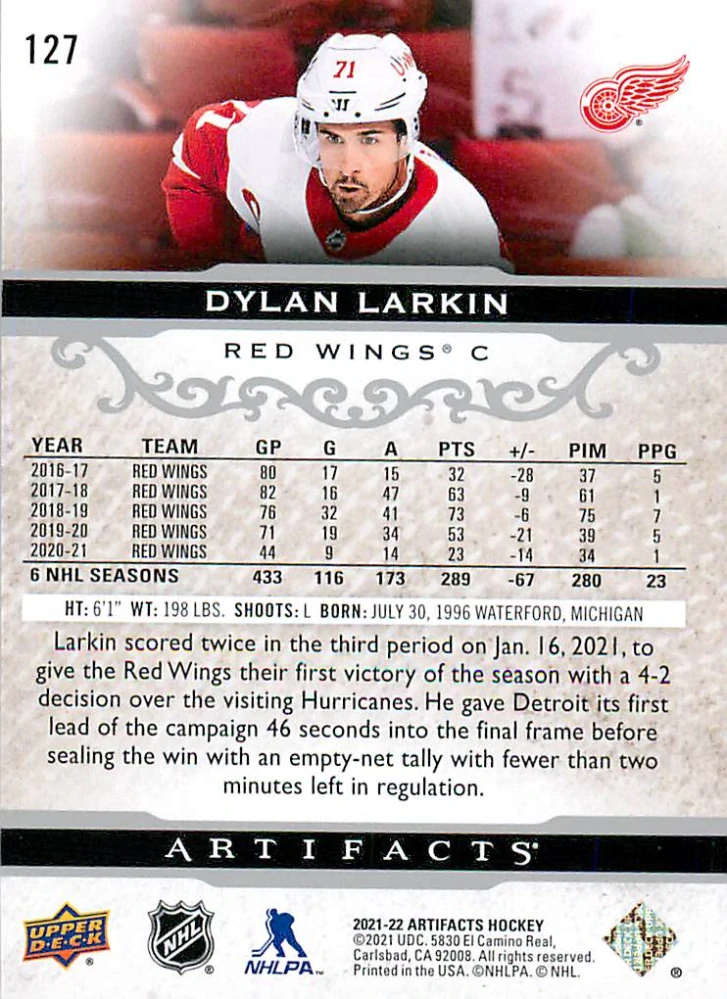 2021-22 UD Artifacts - Dylan Larkin /599 #127