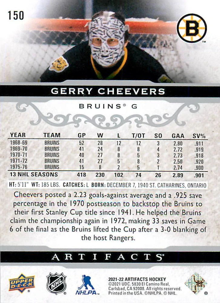 2021-22 UD Artifacts - Gerry Cheevers /599 #150