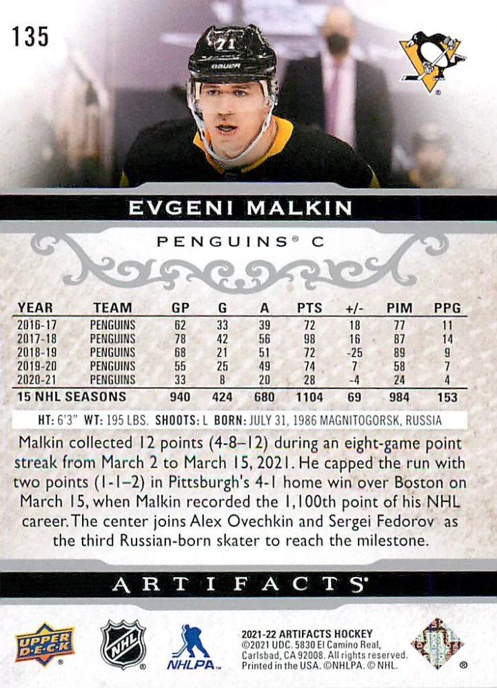 2021-22 UD Artifacts - Evgeni Malkin /599 #135
