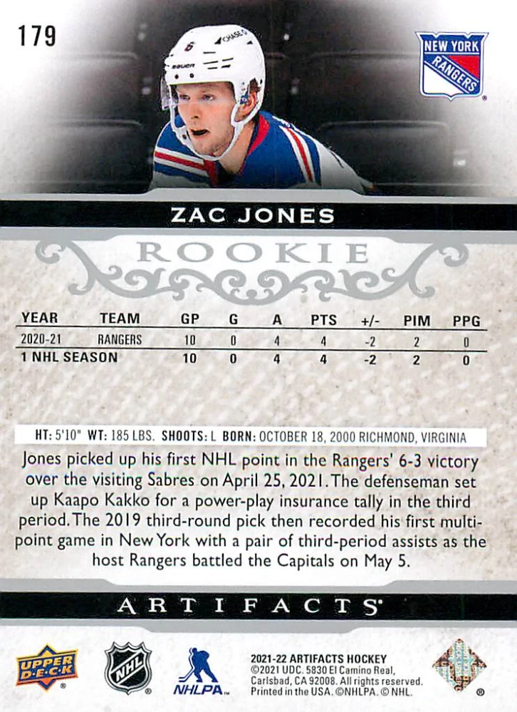 2021-22 UD Artifacts - Zac Jones - Rookie /999 #179