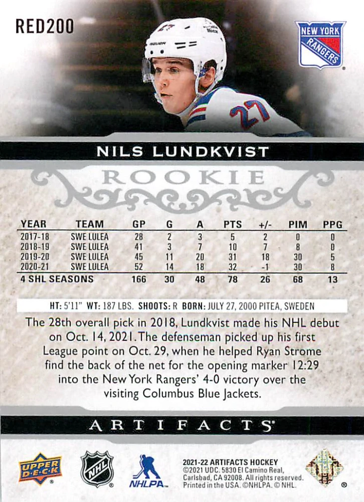 2021-22 UD Artifacts - Nils Lundkvist - Rookie /999 #RED200