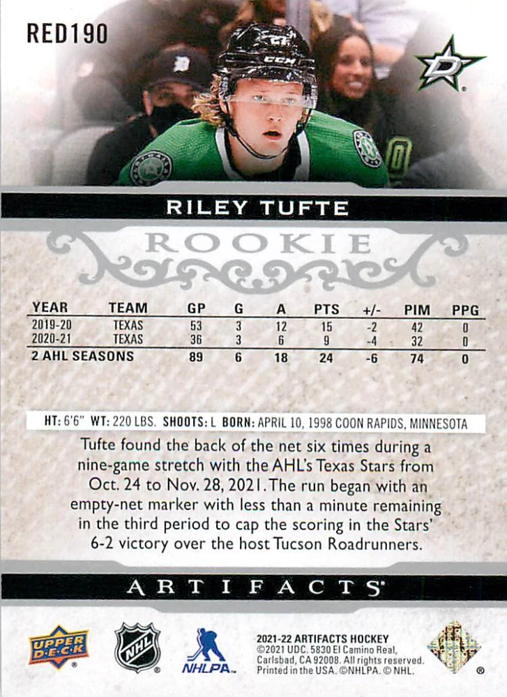 2021-22 UD Artifacts - Riley Tufte - Rookie /999 #RED190