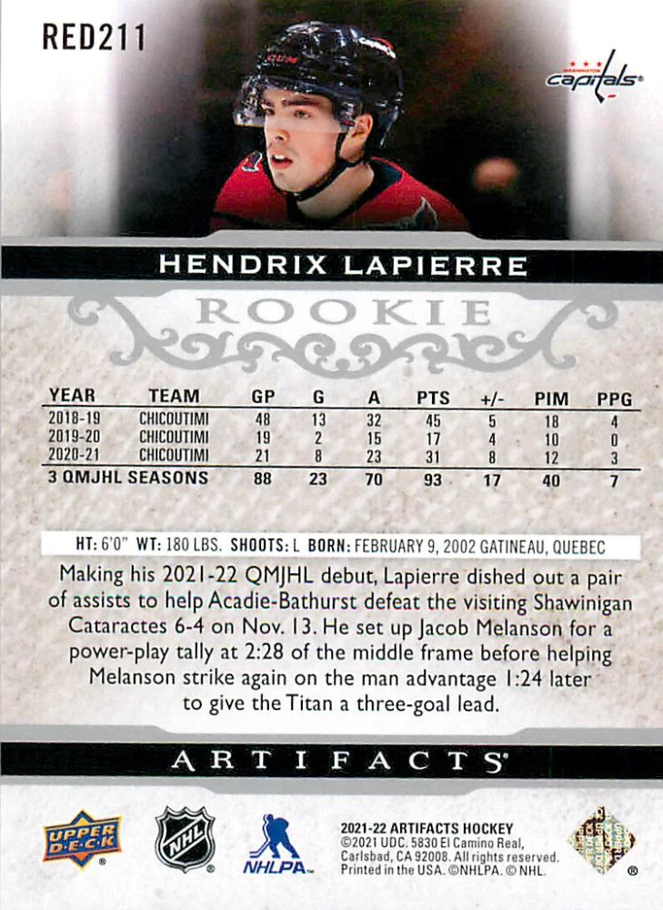 2021-22 UD Artifacts - Hendrix Lapierre - Rookie /999 #RED211