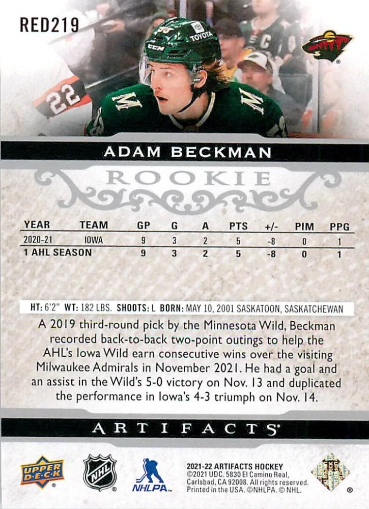 2021-22 UD Artifacts - Adam Beckman - Rookie /999 #RED219