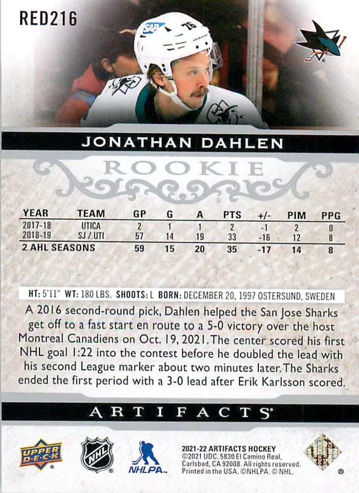 2021-22 UD Artifacts - Jonathan Dahlen - Rookie /999 #RED216