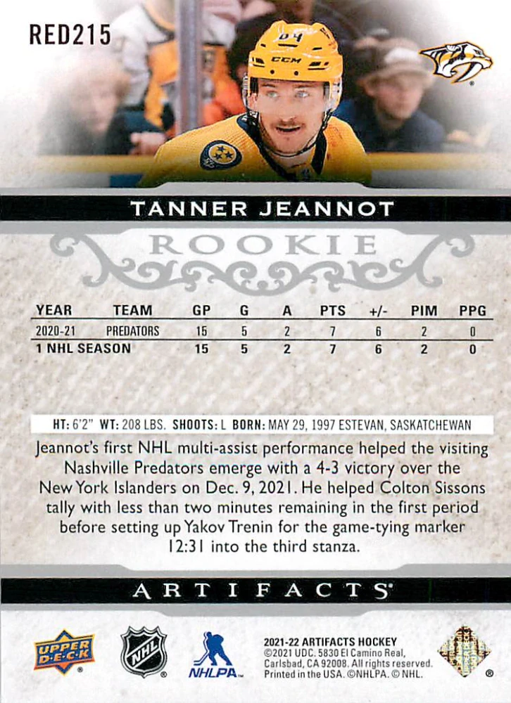 2021-22 UD Artifacts - Tanner Jeannot - Rookie /999 #RED215