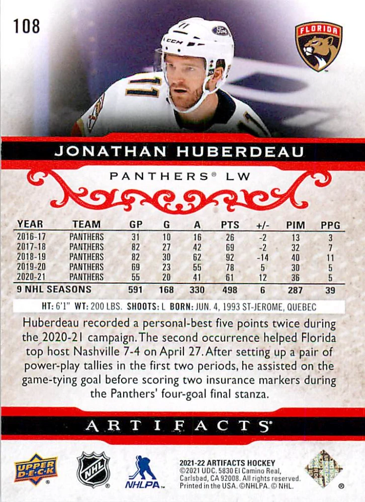 2021-22 UD Artifacts - Jonathan Huberdeau - Ruby /499 #108