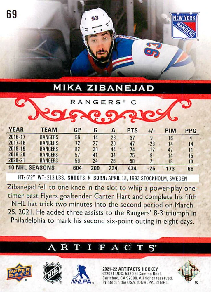 2021-22 UD Artifacts - Mika Zibanejad - Ruby /499 #69