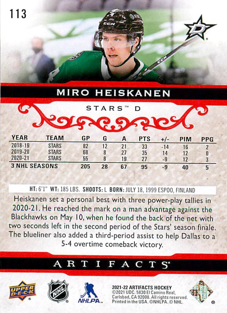 2021-22 UD Artifacts - Miro Heiskanen - Ruby /499 #113