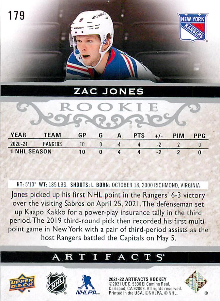 2021-22 UD Artifacts - Zac Jones - Rookie Silver Spectrum /299 #179