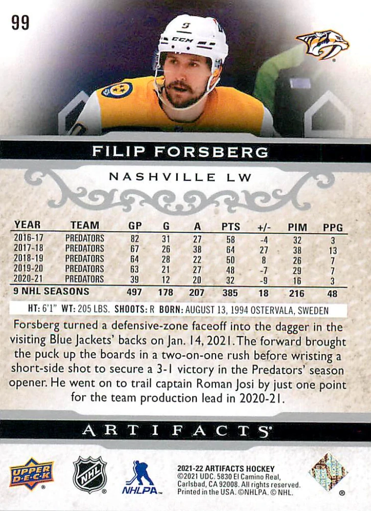 2021-22 UD Artifacts - Filip Forsberg - Silver Spectrum /299 #99