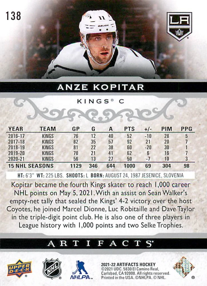 2021-22 UD Artifacts - Anze Kopitar - Silver Spectrum /299 #138