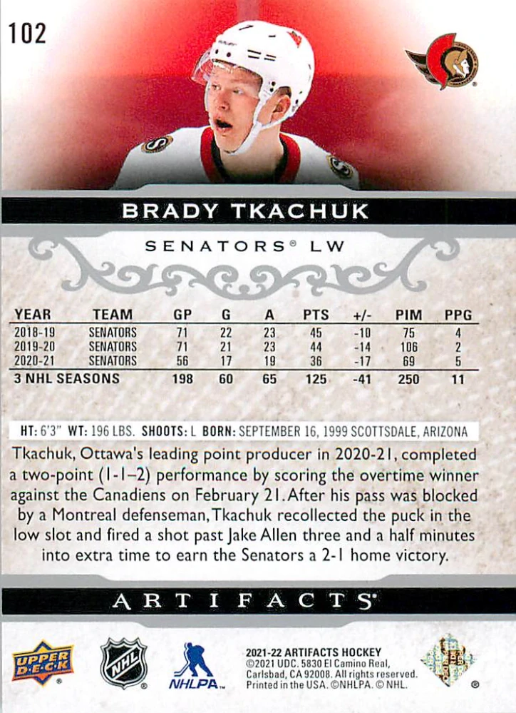 2021-22 UD Artifacts - Brady Tkachuk - Silver Spectrum /299 #102