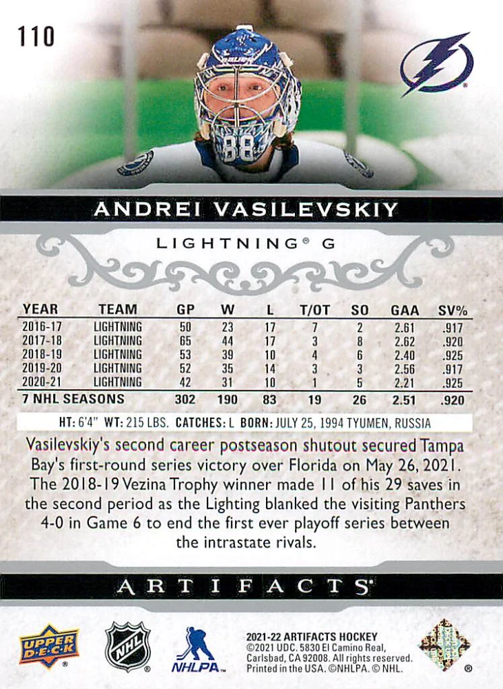 2021-22 UD Artifacts - Andrei Vasilevskiy - Silver Spectrum /299 #110
