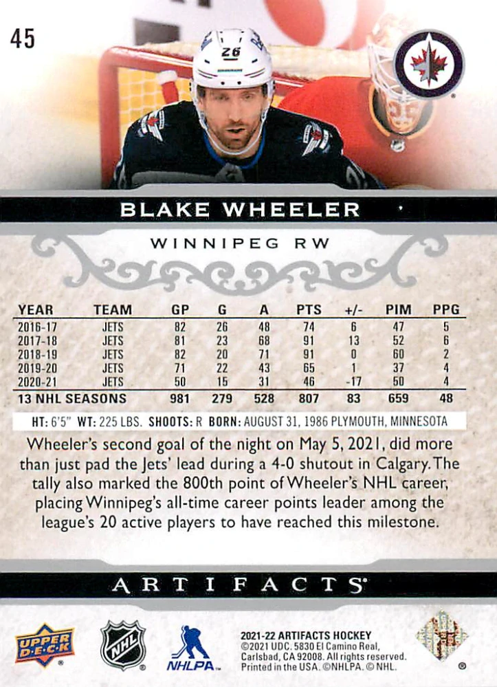 2021-22 UD Artifacts - Blake Wheeler - Silver Spectrum /299 #45