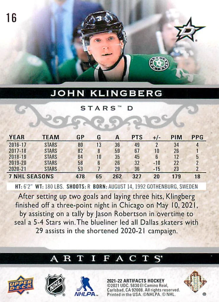2021-22 UD Artifacts - John Klingberg - Silver Spectrum /299 #16