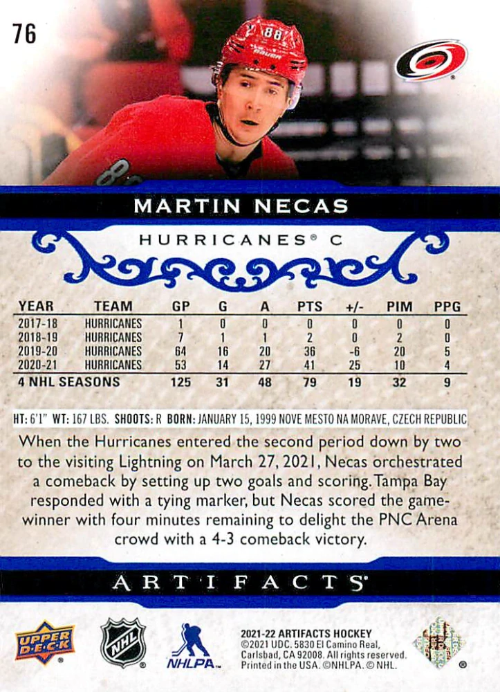 2021-22 UD Artifacts - Martin Nečas - Royal Blue /199 #76
