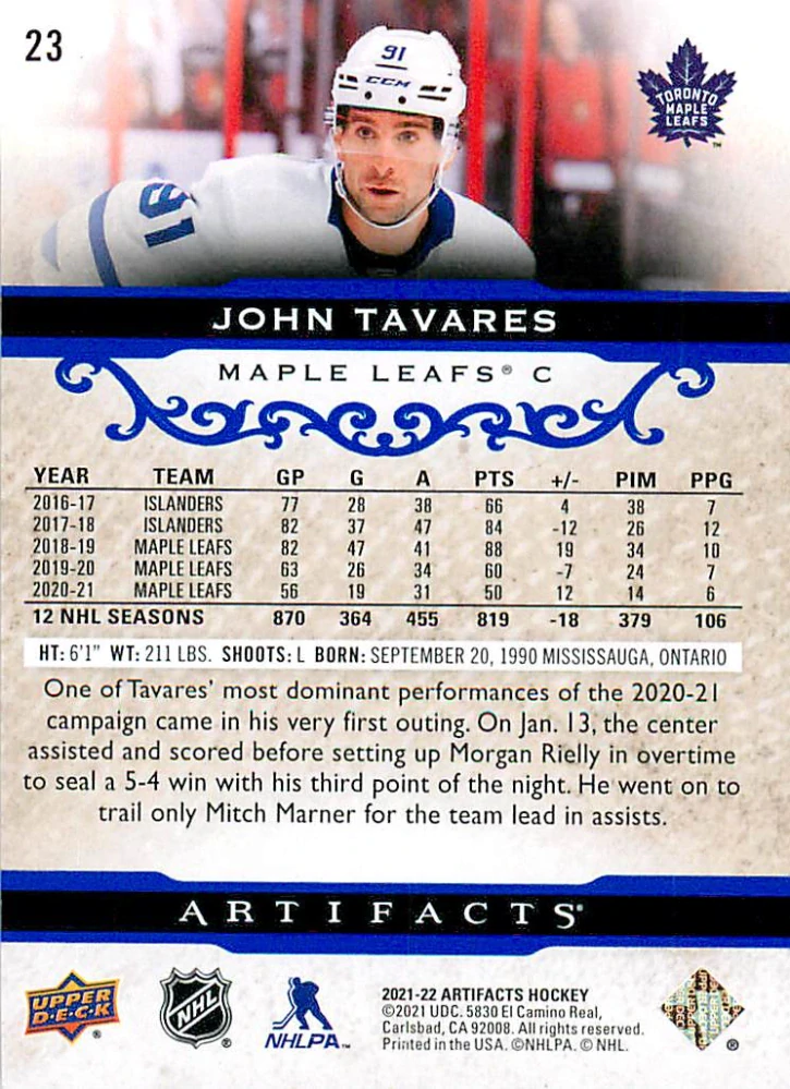 2021-22 UD Artifacts - John Tavares - Royal Blue /199 #23