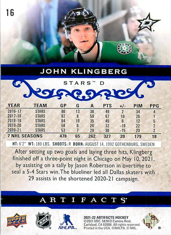 2021-22 UD Artifacts - John Klingberg - Royal Blue /199 #16