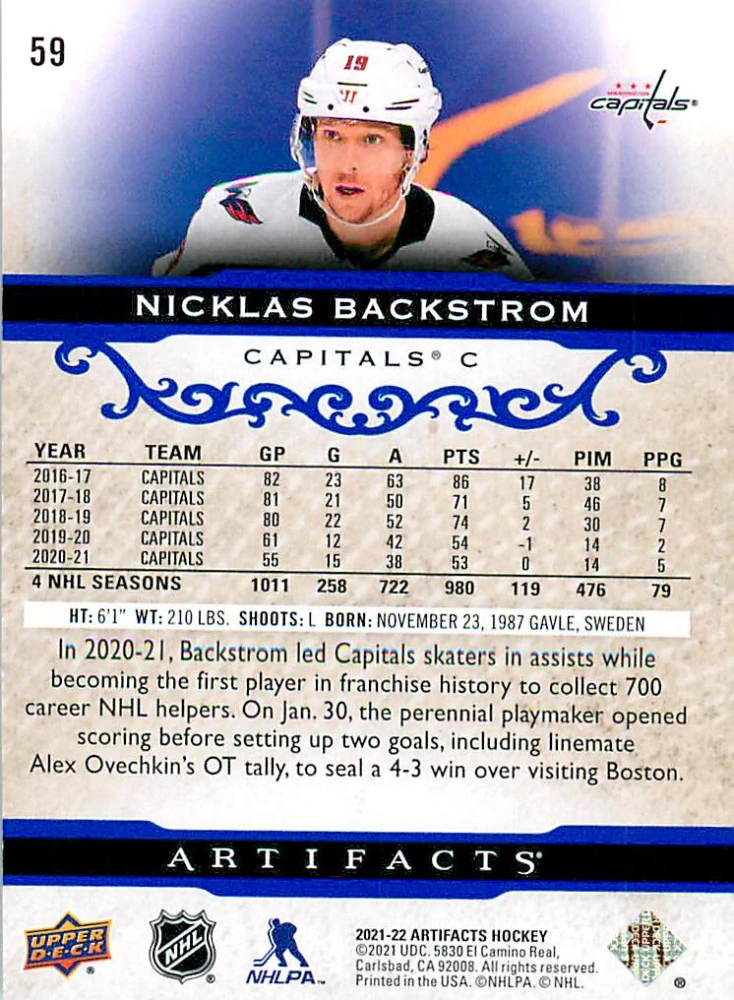 2021-22 UD Artifacts - Nicklas Backstrom - Royal Blue /199 #59