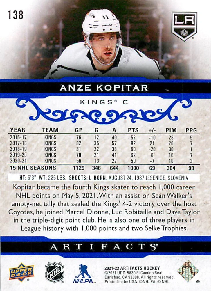 2021-22 UD Artifacts - Anze Kopitar - Royal Blue /199 #138
