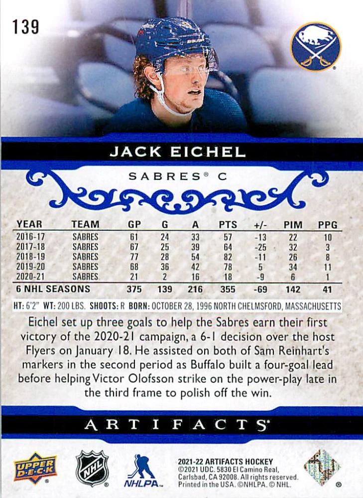 2021-22 UD Artifacts - Jack Eichel - Royal Blue /199 #139