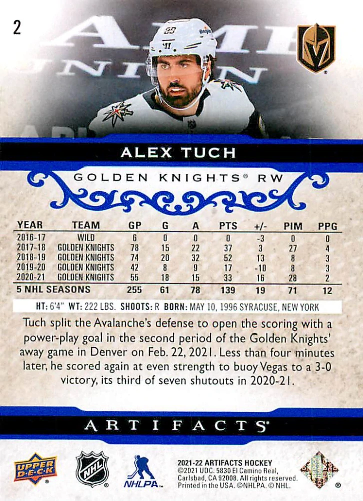 2021-22 UD Artifacts - Alex Tuch - Royal Blue /199 #2