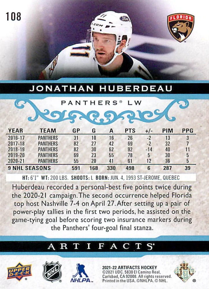 2021-22 UD Artifacts - Jonathan Huberdeau - Light Blue Steel /85 #108