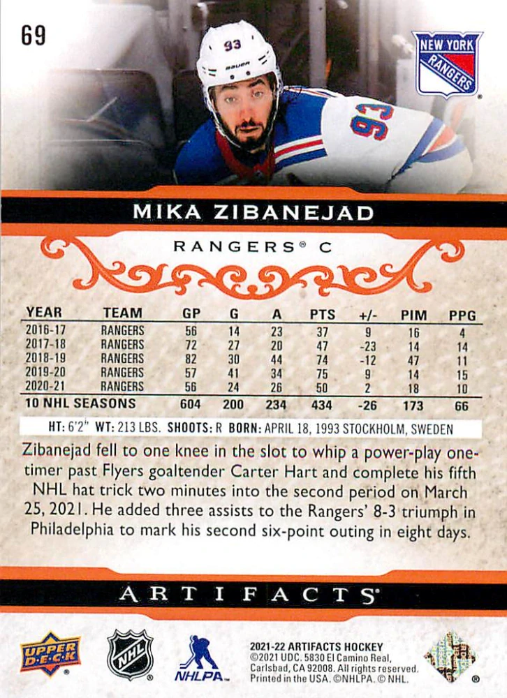 2021-22 UD Artifacts - Mika Zibanejad - Autumn /75 #69