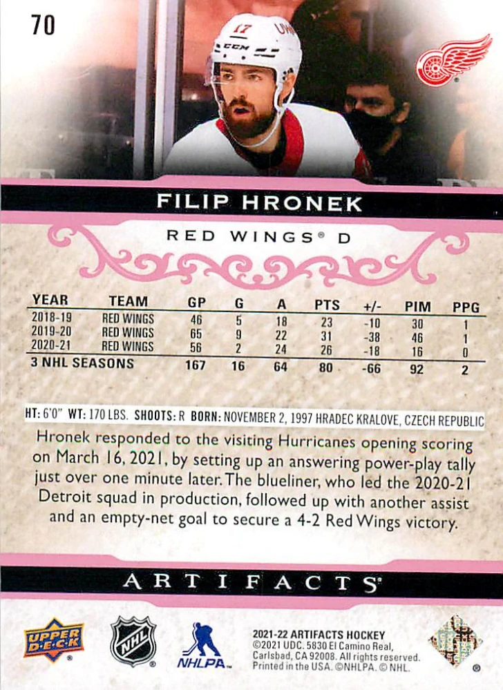 2021-22 UD Artifacts - Filip Hronek - Rose /65 #70