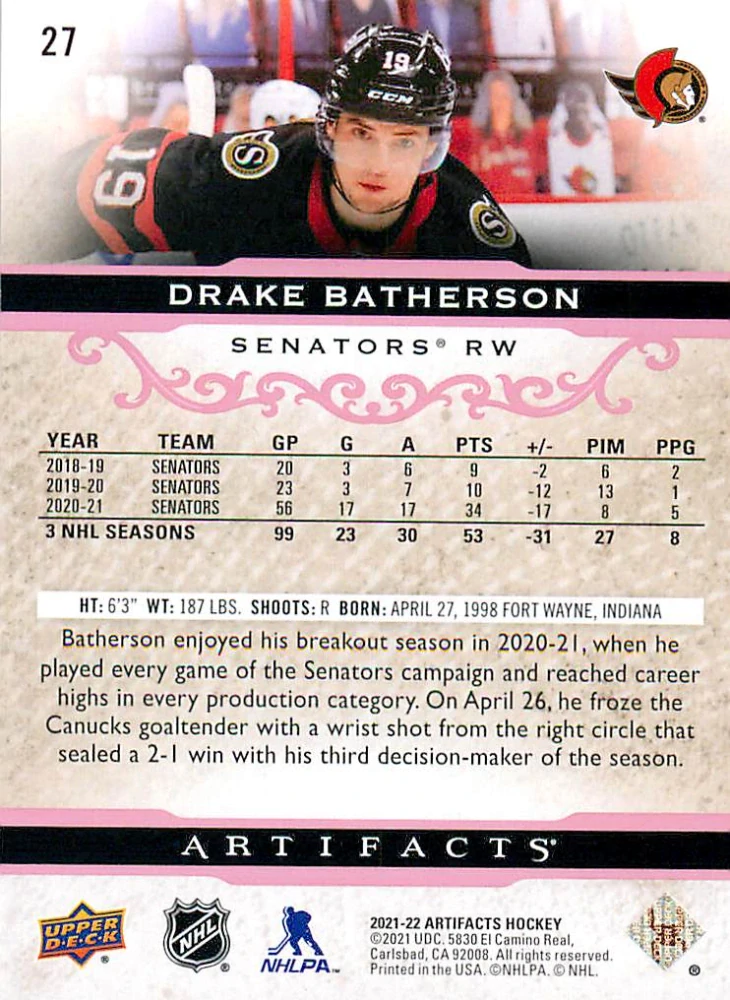2021-22 UD Artifacts - Drake Batherson - Rose /65 #27