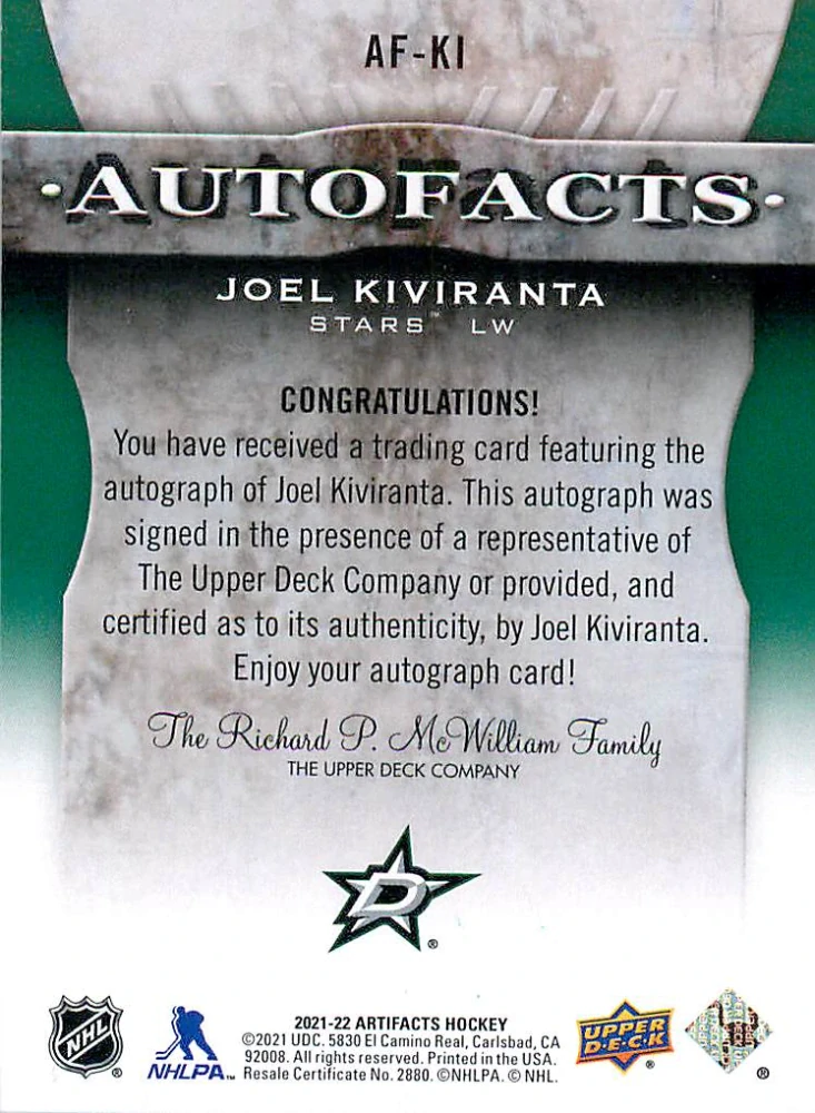2021-22 UD Artifacts - Joel Kiviranta - Autofacts #AF-KI