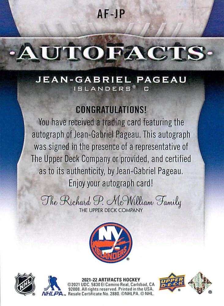 2021-22 UD Artifacts - Jean-Gabriel Pageau - Autofacts #AF-JP