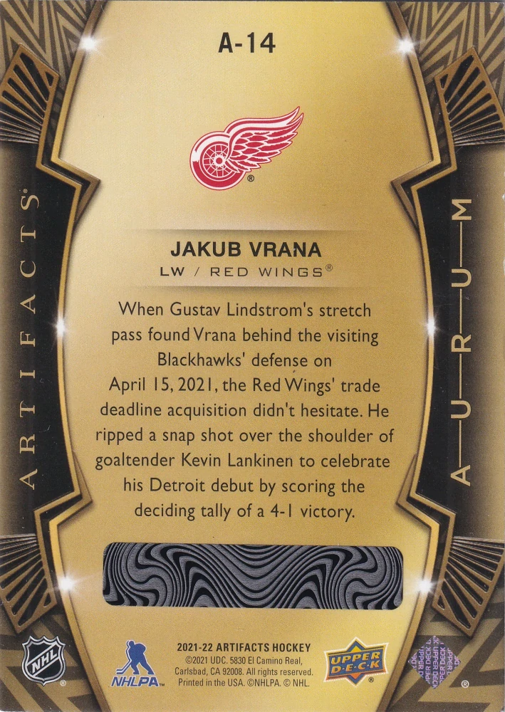 2021-22 UD Artifacts - Jakub Vrána - Aurum #A-14