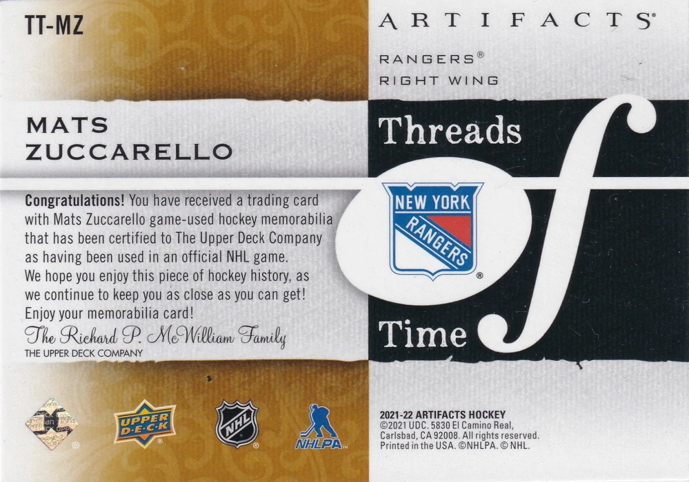 2021-22 UD Artifacts - Mats Zuccarello - Threads Of Time #TT-MZ