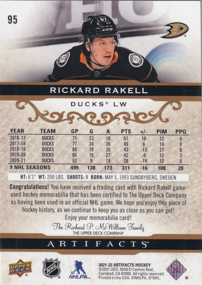 2021-22 UD Artifacts - Rickard Rakell - Gold Material Relics /249 #95