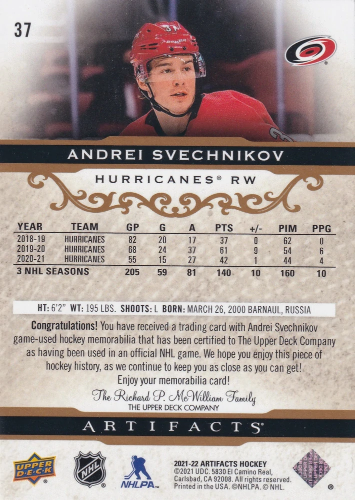 2021-22 UD Artifacts - Andrei Svechnikov - Gold Material Relics /249 #37