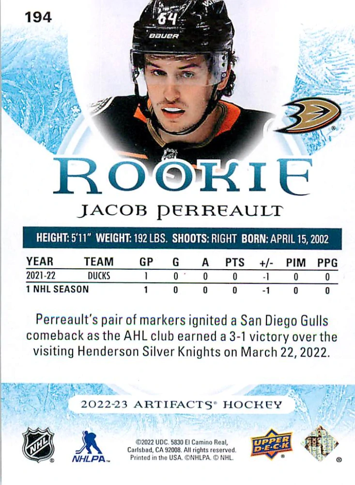 2022-23 UD Artifacts - Jacob Perreault - Rookie /999 #194