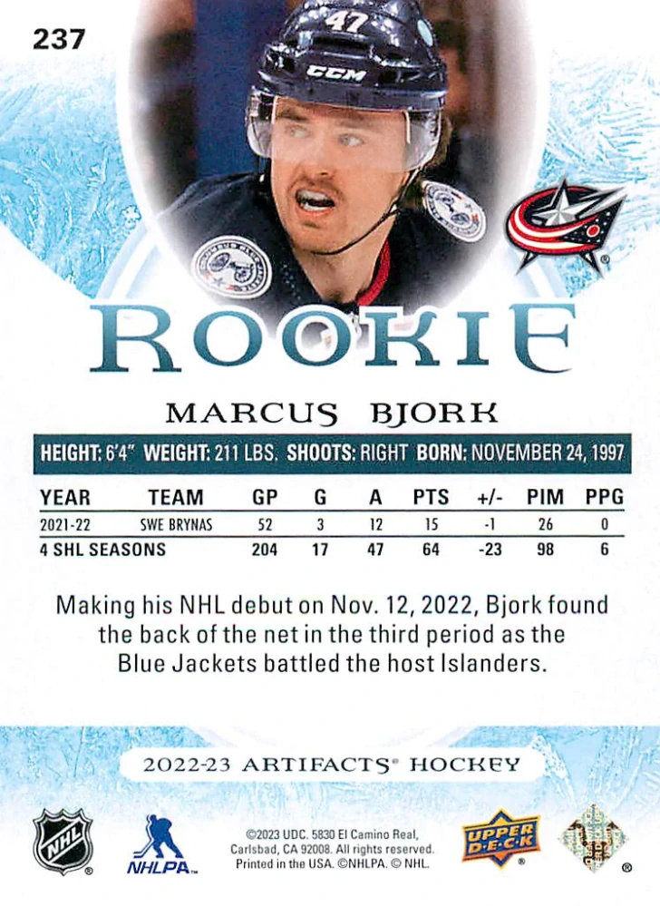 2022-23 UD Artifacts - Marcus Bjork - Rookie /999 #237