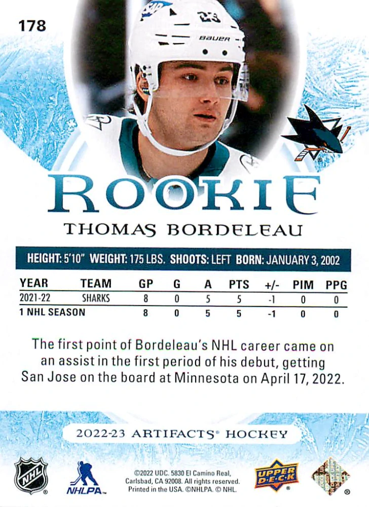 2022-23 UD Artifacts - Thomas Bordeleau - Rookie Royal Blue /199 #178